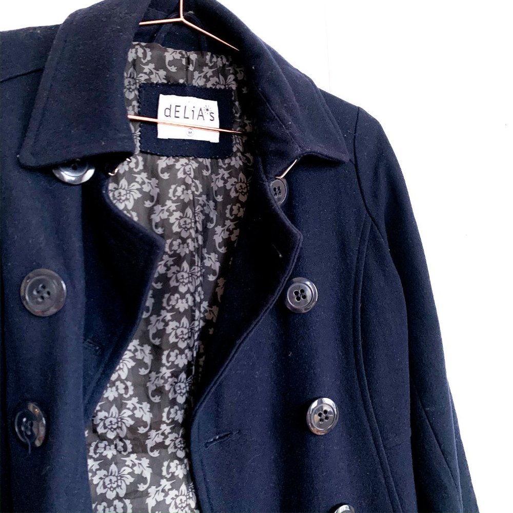 delias navy blue wool pea coat w/high neck buttons - Picture 2 of 7